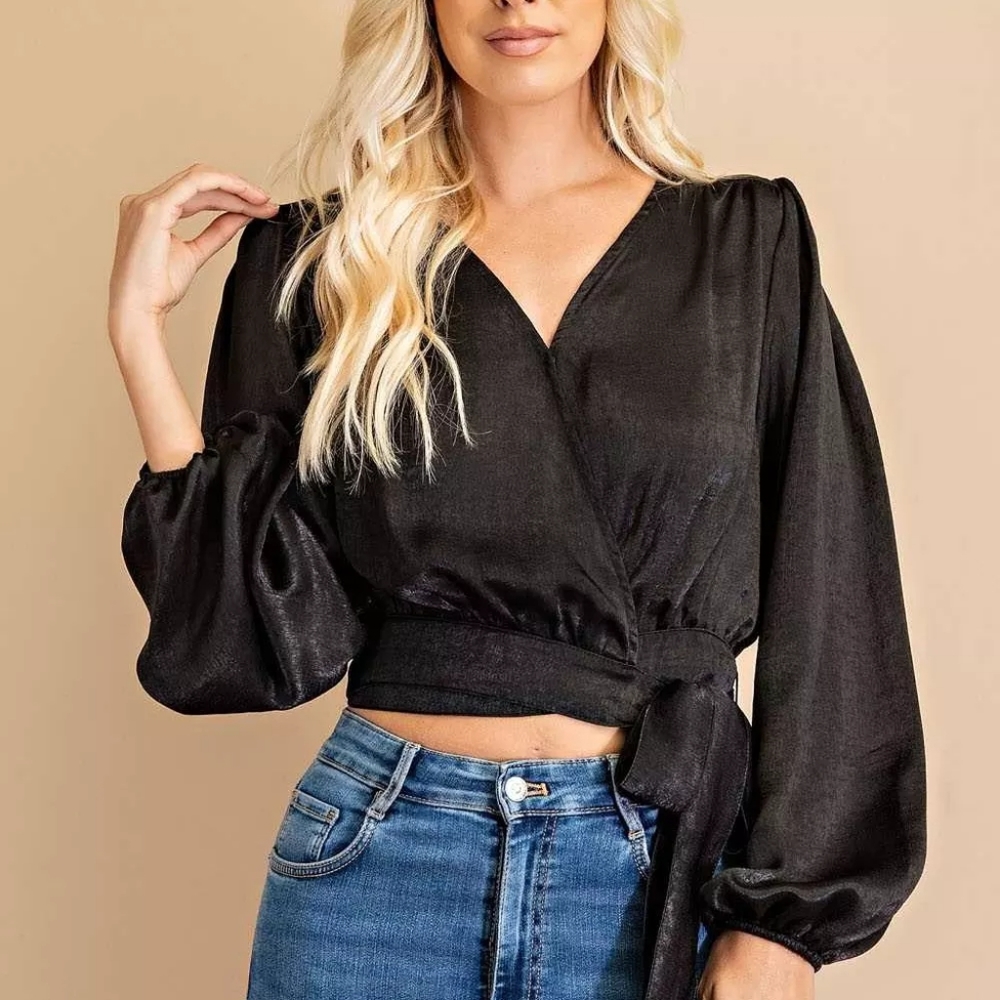 Black V-neck Front Tie Blouse
